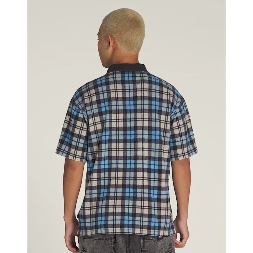 Vans Bellmoor Plaid Polo Shirt Men XL Blue Navy Tan Loose Fit VN000KUNE88 NWT